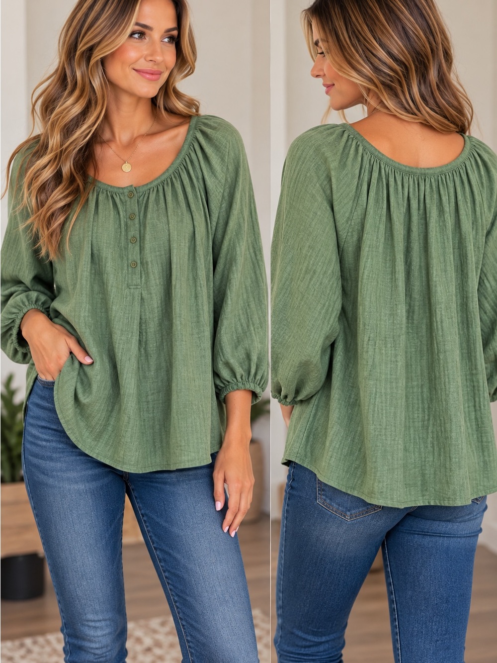 Max Studio Olive Green Gathered Peasant Tunic